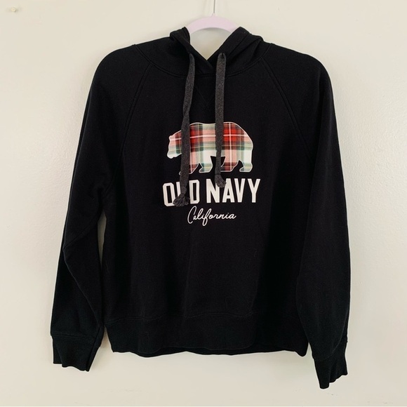 Old Navy Black Plaid Bear “California” Graphic Pull Over Hoodie Size Medium - Picture 2 of 5